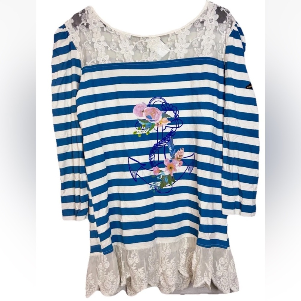 Savage Culture T Shirt Top Women’s XL  White Blue Stripe Marine Art Design Lace
